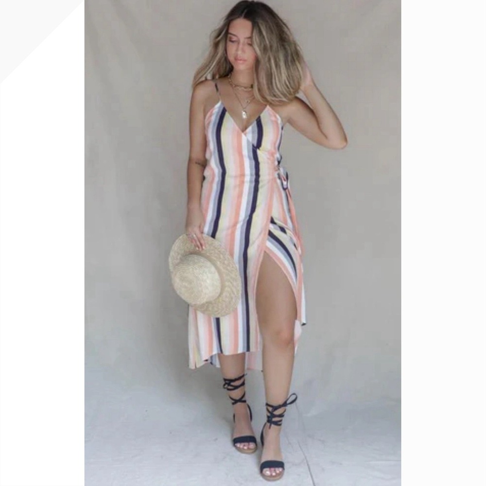 SALT WATER LUXE Billie Midi‎ Wrap Striped Beach Dress Medium white yellow black